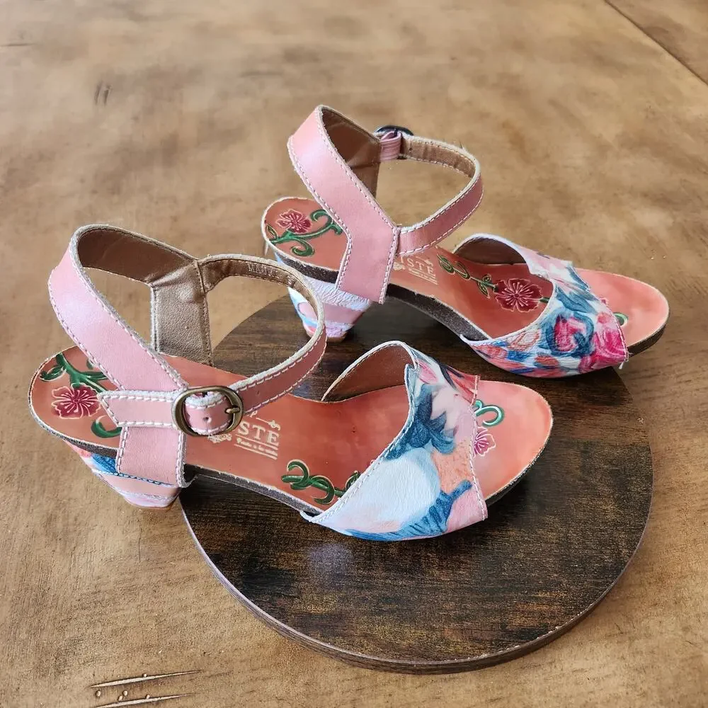 L'Artiste Spring Step Mauri Floral Sandals 37 Warm Orange Leather Hand Painted - Picture 6 of 16